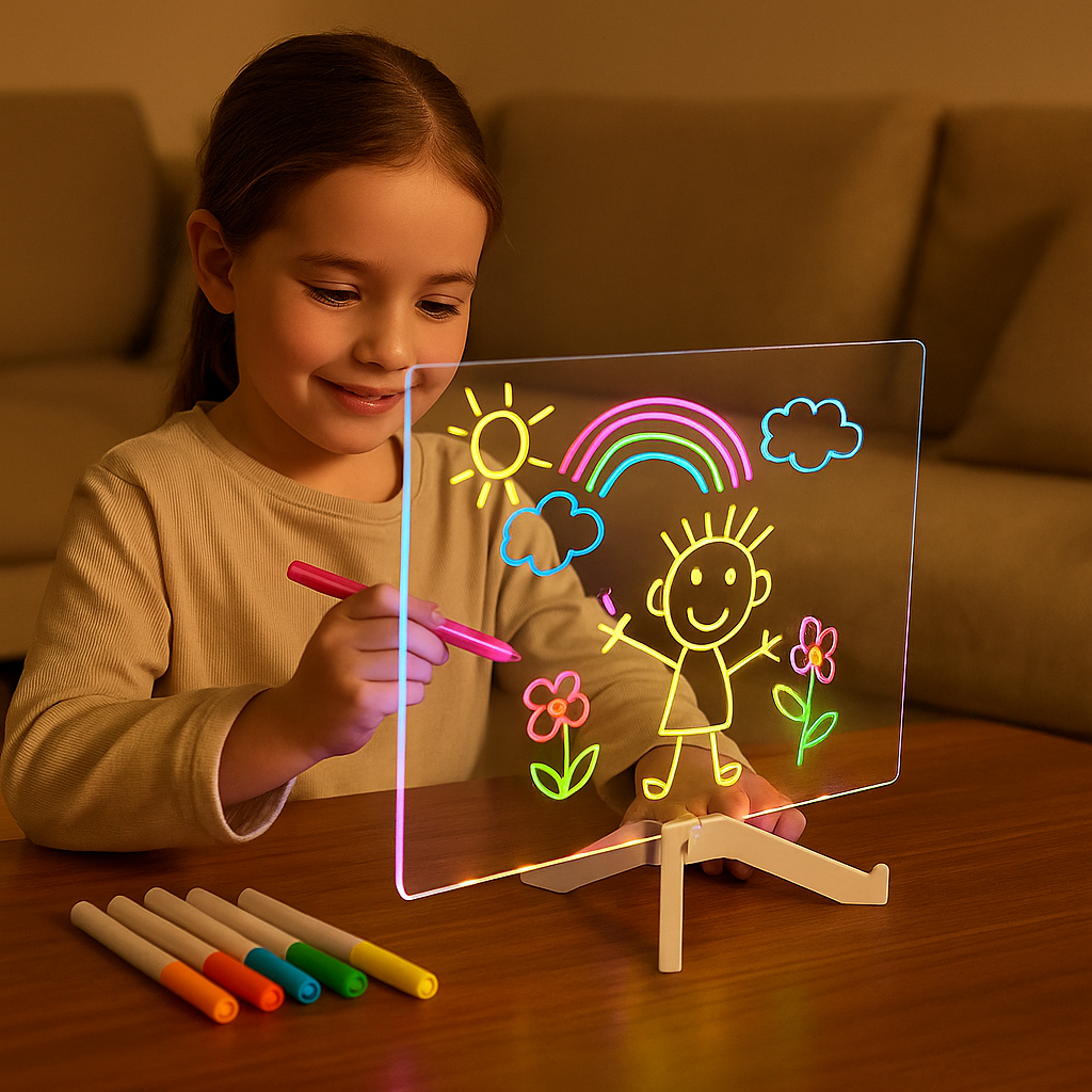 LED Zeichenbrett, 35x25cm LED Notiztafel mit Farben, Acryl Notiztafel | 6 Farben 5 Lichtmodi, Maltafel Zaubertafel mit 7 Markern/Ständer/Ketten, Kreatives Geschenk für Mädchen und Jungen